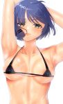  1girl absurdres armpits arms_behind_head arms_up bikini black_bikini blue_hair bocchi_the_rock! breasts collarbone covered_nipples floating_hair hair_ornament hairclip highres inuko_inudog lips looking_at_viewer medium_breasts micro_bikini presenting_armpit short_hair simple_background steam steaming_body sweat swimsuit upper_body white_background yamada_ryo yellow_eyes 