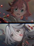 2girls blood blood_on_clothes blood_on_face blood_on_hands color_banding english_commentary green_eyes grey_eyes gundam gundam_suisei_no_majo highres long_hair miorine_rembran multiple_girls reaching_towards_another red_hair short_hair smile spoilers suletta_mercury surprised white_hair wide-eyed xin_(blueramen) 