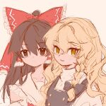  2girls 80isiiii :d blonde_hair bow braid brown_hair detached_sleeves expressionless hair_bow hair_tubes hakurei_reimu highres kirisame_marisa large_bow multiple_girls no_headwear parted_lips single_braid sketch smile touhou yuri 