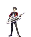 1boy black_eyes black_hair collared_shirt full_body fuyumi_jun highres holding holding_instrument idolmaster idolmaster_side-m idolmaster_side-m_growing_stars instrument keytar looking_at_viewer official_art open_mouth pants shirt shoelaces shoes socks teeth transparent_background upper_teeth_only white_socks 