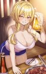  1girl absurdres alcohol bare_shoulders beef beer beer_mug blonde_hair blush breasts cleavage contemporary cup food genshin_impact hair_between_eyes highres large_breasts looking_at_viewer lumine_(genshin_impact) meat mug o-los open_mouth overflowing short_hair short_hair_with_long_locks sidelocks smile solo thighs yellow_eyes 