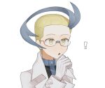 ! 1boy blonde_hair blue_hair colress_(pokemon) commentary_request glasses gloves highres lab_coat male_focus mio14s multicolored_hair pokemon pokemon_(game) pokemon_bw2 simple_background solo two-tone_hair upper_body white_background white_gloves 