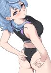  1girl absurdres ako_(blue_archive) ass black_buruma blue_archive blue_eyes blue_hair buruma fingernails highres looking_at_viewer medium_hair ramanda simple_background sports_bikini sportswear thigh_gap track_and_field track_uniform wedgie white_background 