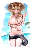  1girl animal_ear_fluff animal_ears aqua_nails arknights arm_under_breasts beach bikini bikini_pull black_bikini black_shorts blue_sky braid breast_hold breast_lift breasts brown_bikini closed_mouth clothes_pull day eyewear_on_head fang grey_tail hair_ornament hair_over_shoulder hairclip hat jewelry korean_commentary large_breasts looking_at_viewer navel_piercing necklace nervous_smile official_alternate_costume outdoors piercing purple_eyes round_eyewear sangobob short_shorts shorts shorts_pull skin_fang skindentation sky slit_pupils smile snake_tail solo standing stomach strap_lift straw_hat string_bikini striped striped_bikini sun_hat sunglasses sweat swimsuit tail tail_censor tinted_eyewear utage_(arknights) utage_(summer_flowers)_(arknights) vertical-striped_bikini vertical_stripes x_hair_ornament 
