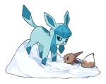  :d :o blue_eyes bright_pupils brown_eyes buried eevee english_commentary eye_contact glaceon looking_at_another mjoyart no_humans open_mouth pokemon pokemon_(creature) simple_background smile snow white_background white_pupils 