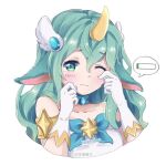  1girl bare_shoulders blush bow collarbone cropped_torso frown gloves green_bow green_hair hair_between_eyes hands_up horns kureko0w0 league_of_legends long_hair looking_at_viewer one_eye_closed pointy_ears single_horn solo soraka_(league_of_legends) speech_bubble star_guardian_(league_of_legends) star_guardian_soraka tearing_up translation_request white_gloves wing_hair_ornament 
