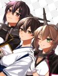  3girls black_gloves blush breasts brown_hair cleavage closed_mouth crossed_arms eyelashes gloves green_eyes hair_between_eyes headgear highres japanese_clothes kaga_(kancolle) kantai_collection large_breasts long_hair looking_at_viewer machi_(ritovoyage) multiple_girls muneate mutsu_(kancolle) mutsu_kai_ni_(kancolle) nagato_(kancolle) nagato_kai_ni_(kancolle) one_eye_closed partially_fingerless_gloves red_eyes short_hair simple_background twitter_username white_gloves yellow_eyes 