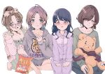  4girls absurdres aqua_eyes artist_request asakura_toru black_hair brown_hair chips_(food) commentary_request eating food fukumaru_koito gradient_hair hair_ornament hairclip highres higuchi_madoka hood hoodie ichikawa_hinana idolmaster idolmaster_shiny_colors long_hair mole mole_under_eye multicolored_hair multiple_girls noctchill_(idolmaster) pajamas potato_chips print_hoodie purple_eyes short_hair sitting stuffed_animal stuffed_toy teddy_bear white_background 