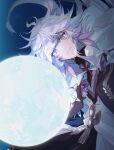  1boy amachi_(yuuin) black_pants black_shirt closed_mouth earrings earth_(planet) fate/grand_order fate_(series) feet_out_of_frame giant glowing hair_between_eyes hood hood_down hooded_robe jewelry long_hair looking_at_object male_focus merlin_(fate) pants planet purple_eyes robe shirt sky smile solo space star_(sky) starry_sky turtleneck white_hair white_robe 
