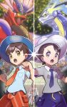  1boy 1girl arven_(pokemon) black_sclera blue_headwear blue_necktie blue_shorts blue_skin breasts brown_eyes brown_hair clenched_hand closed_mouth collared_shirt colored_sclera colored_skin dot_nose eyelashes florian_(pokemon) glint grey_shirt hair_over_one_eye hat highres inana_umi juliana_(pokemon) kneeling koraidon maschiff miraidon multicolored_eyes naranja_academy_school_uniform necktie open_mouth orange_necktie orange_shorts pokemon pokemon_(creature) pokemon_sv pouch purple_eyes red_skin sada_(pokemon) school_uniform sharp_teeth shirt short_hair shorts small_breasts teeth turo_(pokemon) uva_academy_school_uniform v-shaped_eyebrows white_headwear white_shirt yellow_eyes yellow_sclera 