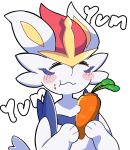  absurd_res anthro aya_tsuji blush carrot cinderace eating eyes_closed food fur generation_8_pokemon hi_res holding_carrot holding_food holding_object holding_vegetable nintendo plant pokemon pokemon_(species) simple_background solo text vegetable white_arms white_background white_body white_ears white_fur white_text yellow_inner_ear 