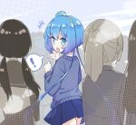  ! +++ 4girls alternate_costume aoki_lapis blue_eyes blue_hair blue_skirt blush commentary_request cowboy_shot crowd from_behind gem_hair_ornament gradient_hair grey_sweater halftone hand_up highres long_hair long_sleeves looking_at_viewer looking_back low_twintails multicolored_hair multiple_girls pleated_skirt ponytail purple_hair raised_eyebrows school_uniform skirt smile solo_focus spoken_exclamation_mark suzumecha_(yuzensuzu) sweater twintails very_long_hair vocaloid waving 