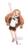  1girl :d absurdres arm_up artist_name blunt_bangs examonedayago highres ichihara_nina idolmaster idolmaster_cinderella_girls idolmaster_cinderella_girls_u149 long_hair neckerchief orange_hair shorts signature simple_background smile twintails v white_background yellow_eyes 