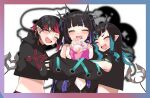  3girls absurdres black_hair black_jacket blue_hair blunt_bangs blush bouquet chain closed_eyes clothing_cutout commentary_request cropped_jacket cross-laced_clothes cross-laced_sleeves demon_girl demon_horns demon_tail ear_chain ear_piercing flower highres holding holding_bouquet horns hug jacket kojo_anna long_hair long_sleeves midriff multicolored_hair multiple_girls nanashi_inc. navel off_shoulder open_mouth piercing pink_flower pointy_ears purple_hair red_hair ryugasaki_rene shishio_chris short_hair shoulder_cutout smile sugar_lyric tail twintails two-tone_hair upper_body virtual_youtuber zipper zono_(inokura_syuzo029) 