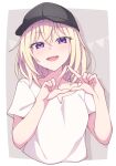  1girl :d bang_dream! bang_dream!_it&#039;s_mygo!!!!! baseball_cap black_headwear blonde_hair blush breasts collarbone cropped_torso e20 grey_background hair_between_eyes hands_up hat highres looking_at_viewer misumi_uika pennant purple_eyes shirt short_sleeves small_breasts smile solo string_of_flags teeth two-tone_background upper_body upper_teeth_only white_background white_shirt 