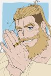  1boy apologizing bara beard bergamond_(crave_saga) crave_saga eyebrow_cut facial_hair hands_up highres jewelry light_blush long_hair male_focus mature_male multiple_rings one_eye_closed own_hands_together palms_together ponytail ring shirt solo thick_eyebrows thick_mustache undercut upper_body usuki_(usukine1go) 