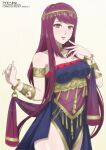  1girl absurdres alternate_costume ancient_greek_clothes armlet bare_shoulders bracelet breasts cleavage crest_of_the_beast dancer dancer_(three_houses) dress fire_emblem fire_emblem_engage greek_clothes highres ivy_(fire_emblem) jewelry large_breasts long_hair looking_at_viewer mole purple_eyes purple_hair simple_background single-shoulder_dress solo tak0baka 