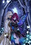  1boy 1girl 74 bare_shoulders blue_eyes commission couple fairy fairy_wings fire_emblem fire_emblem_heroes forest hand_on_another&#039;s_shoulder hetero highres hood hood_up hooded_robe kiran_(fire_emblem) kiran_(male)_(fire_emblem) nature purple_hair robe skeb_commission triandra_(fire_emblem) wings 