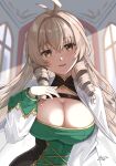  1girl andrea_doria_(azur_lane) antenna_hair as4gi azur_lane breasts brown_eyes cleavage cleavage_cutout clothing_cutout dated dress drill_hair green_dress hair_between_eyes hand_on_own_chest highres indoors large_breasts light_brown_hair long_hair long_sleeves looking_at_viewer open_mouth signature smile solo sunlight taut_clothes taut_dress twin_drills upper_body window 