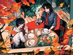  2boys artist_name autumn_leaves black_eyes black_hair bread brown_hair chair closed_eyes closed_mouth coffee_cup coffee_pot commentary_request cup dated disposable_cup falling_leaves flower folding_chair food fork fried_egg from_above full_body grey_shirt holding holding_coffee_pot holding_cup ichijou_seiya joukyou_seikatsuroku_ichijou kaiji knife leaf long_hair looking_at_another male_focus medium_bangs multiple_boys murakami_tamotsu necktie open_mouth orange_flower red_necktie shirt short_hair sleeves_rolled_up smile spoon steam table unknown03162 