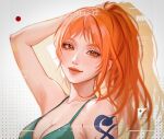  1girl arm_tattoo bikini breasts dotted_background eyelashes green_bikini hand_in_own_hair high_ponytail highres light_smile long_hair looking_at_viewer medium_breasts nami_(one_piece) one_piece orange_eyes orange_hair recording shadow signature silphori simple_background smile swimsuit tattoo viewfinder 
