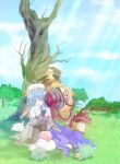  1girl 2000s_(style) :3 :d acolyte_(ragnarok_online) animal bad_id bare_tree bird biretta black_gloves blue_hair blush brown_shirt capelet caterpillar_tracks chick cloud commentary_request day english_commentary fabre forest full_body gloves highres long_hair long_sleeves lunatic_(ragnarok_online) medium_bangs mixed-language_commentary mushroom nature one_eye_closed open_mouth outdoors oversized_animal peco_peco picky_(ragnarok_online) poring rabbit ragnarok_online reins shirt sitting skirt slime_(creature) smile spore_(ragnarok_online) tree wariza white_capelet white_headwear white_skirt wolf wolf_(ragnarok_online) wormtail_(ragnarok_online) yuiha_(zenmaishikibanshogi) 