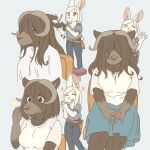  anthro barber bovid breasts caprine clothed clothing duo ekaki510 female hair lagomorph leporid mammal muskox personal_grooming rabbit scissors size_difference styling_hair 