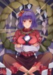  1girl absurdres black_skirt breasts hair_ornament highres koizumo large_breasts layered_sleeves leaf_hair_ornament long_sleeves mirror open_mouth purple_hair red_eyes red_shirt rope shimenawa shirt short_hair short_over_long_sleeves short_sleeves skirt smile solo touhou yasaka_kanako 