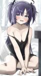  1girl absurdres black_camisole blue_archive blue_eyes blush breasts camisole cleavage collarbone halo hidulume highres looking_at_viewer medium_breasts on_bed open_mouth purple_hair sleepy solo two_side_up yuuka_(blue_archive) 