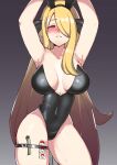  1girl absurdres alternate_costume animal_ears armpits arms_up bare_legs black_hairband black_leotard blonde_hair blush breasts condom condom_packet_strip condom_wrapper cynthia_(pokemon) fake_animal_ears grey_eyes hair_ornament hair_over_one_eye hairband highleg highleg_leotard highres large_breasts leotard long_hair looking_at_viewer mole mole_on_breast money parted_lips playboy_bunny pokemon pokemon_(game) pokemon_dppt rabbit_ears solo stripper_pole tetsu_chokoreto thigh_strap thighs very_long_hair wide_hips 