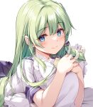  1girl alternate_costume blue_eyes blush closed_mouth commentary_request frog_hair_ornament green_hair hair_ornament kochiya_sanae long_hair looking_at_viewer lying miyase_mahiro on_stomach pillow school_uniform serafuku shirt short_sleeves simple_background smile snake_hair_ornament solo touhou white_background white_shirt 