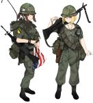  2girls absurdres american_flag assault_rifle backpack bag blonde_hair blue_eyes boots bracelet brown_hair camouflage canteen dog_tags fte_(fifteen_199) gun handgun highres jacket jewelry looking_at_viewer m16 m16a1 m60 multiple_girls open_clothes open_jacket original over_shoulder radio radio_antenna red_eyes rifle smoke_grenade soldier uniform united_states_army watch weapon weapon_over_shoulder white_background 