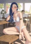  1boy 1girl bench bikini blue_hair blurry blush bracelet breasts breath cleavage cup curly_hair depth_of_field earrings hara_kenshi highres jewelry kimishima_touka long_hair medium_breasts mug necklace original pout sitting spade_necklace swept_bangs swimsuit table thigh_strap white_bikini yellow_eyes 