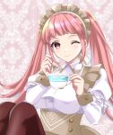  1girl alternate_costume blunt_bangs blush breasts brown_pantyhose buttons closed_mouth commentary_request cup fire_emblem fire_emblem:_three_houses fire_emblem_heroes frills hilda_valentine_goneril holding holding_cup juliet_sleeves kakiko210 large_breasts long_hair long_sleeves looking_at_viewer maid_headdress one_eye_closed pantyhose pink_eyes pink_hair puffy_sleeves sitting smile solo teacup twintails 