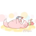  animal_focus apple artist_name asakoline colored_skin commentary_request cup drinking_straw food fruit lying nintendo_switch no_humans on_back pink_skin pokemon pokemon_(creature) slowpoke tail white_background 