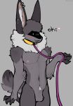  &lt;3 ace_(claweddrip) anthro claweddrip collar dialogue dragon ear_piercing featureless_crotch fluffy front_view fur furred_dragon grey_body grey_fur hi_res inner_ear_fluff leash leashed_collar male neck_tuft nude piercing simple_background solo standing tuft 