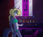  2023 alcohol anthro bar bedroom_eyes beverage blonde_hair blue_body blue_fur bra breasts canid canine canis charity_cross clothing commandercross female fur green_eyes hair hi_res looking_at_viewer mammal narrowed_eyes navel navel_piercing panties piercing seductive solo underwear undressing wolf 