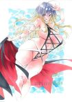  1girl absurdres ahoge arim0k0 black_cape black_one-piece_swimsuit blonde_hair breasts cape cleavage commentary cross-laced_clothes curvy feet_out_of_frame gradient_hair highres hijiri_byakuren huge_ahoge huge_breasts leg_ribbon long_hair looking_at_viewer multicolored_hair navel one-piece_swimsuit open_mouth purple_eyes purple_hair ribbon solo swimsuit teeth thighs touhou upper_teeth_only white_ribbon 