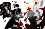  2boys aislan balance_scale bandages black_coat black_eyes black_hair caduceus coat e.g.o_(project_moon) highres holding holding_staff holding_sword holding_weapon lobotomy_corporation long_sleeves mask mask_on_head multiple_boys omori omori_(omori) project_moon single_wing staff stranger_(omori) sword weapon weighing_scale white_eyes white_hair wings 