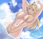  1girl absurdres armpits arms_up blonde_hair blue_sky breasts calmgreentori circlet cloud cloudy_sky english_commentary highres large_breasts long_hair looking_at_viewer mythra_(xenoblade) navel open_mouth outdoors sky slingshot_swimsuit solo stomach swept_bangs swimsuit water xenoblade_chronicles_(series) xenoblade_chronicles_2 yellow_eyes yellow_slingshot_swimsuit 