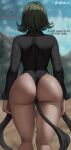  1girl anger_vein ass ass_focus black_dress blurry blurry_background convenient_censoring curly_hair dress english_text flipped_hair from_behind green_hair highres long_sleeves no_panties one-punch_man oroborus outdoors pelvic_curtain short_hair side_slit solo tatsumaki thigh_gap wide_hips 