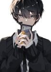  1boy bandaid bandaid_on_face bishounen black_eyes black_hair black_necktie cellphone hand_up highres jacket looking_at_viewer male_focus necktie original phone school_uniform short_hair simple_background smartphone solo syu_raii uniform upper_body white_background 