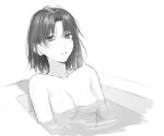  1girl bare_shoulders bath bathing bathtub black_eyes black_hair breasts completely_nude egomeshi greyscale hair_intakes highres kara_no_kyoukai looking_at_viewer medium_breasts monochrome nude parted_lips partially_submerged ryougi_shiki short_hair solo water wet 