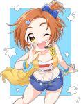  1girl :d bare_shoulders belly_chain blue_background blue_ribbon blush bracelet brown_hair collarbone crop_top denim denim_shorts flat_chest flower funxy_k grid_background hair_ornament hair_ribbon hairclip highres idolmaster idolmaster_cinderella_girls idolmaster_cinderella_girls_starlight_stage idolmaster_cinderella_girls_u149 jewelry looking_at_viewer microphone midriff navel one_eye_closed one_side_up open_mouth red_shirt ribbon round_teeth ryuzaki_kaoru shirt short_hair shorts signature smile solo star_(symbol) star_hair_ornament starry_background striped striped_shirt sunflower teeth yellow_eyes 