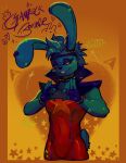  accessory anthro blue_body blush blush_lines buckteeth clothing collar ear_piercing fingerless_gloves five_nights_at_freddy&#039;s five_nights_at_freddy&#039;s:_security_breach five_nights_at_freddy&#039;s:_security_breach_ruin glamrock_bonnie_(fnaf_ruin) glistening glistening_eyes gloves handwear headband hi_res holding_object holding_phone lagomorph leporid lgatr_art male mammal mohawk orange_background phone piercing rabbit scottgames shaded signature simple_background smile soft_shading solo spiked_collar spikes star steel_wool_studios teeth watermark 