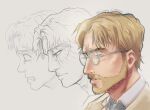  1boy age_progression beard blonde_hair cammy_(cammyscreations) child facial_hair facial_mark from_side glasses looking_ahead male_focus partially_colored profile remembering round_eyewear scared shingeki_no_kyojin short_hair zeke_yeager 