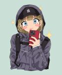  1girl absurdres baseball_cap black_headwear black_nails blue_eyes blush brown_hair cellphone earrings green_background grey_jacket guriming hair_behind_ear hat head_tilt highres holding holding_phone hood hooded_jacket jacket jewelry looking_at_viewer nail_polish new_york_yankees original phone procreate_(medium) ring single_earring smartphone smile solo sparkle the_north_face tongue tongue_out upper_body 