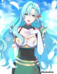  1girl armor armored_dress blue_hair blue_sky breastplate breasts chloe_(fire_emblem) cloud commentary detached_collar dfhnokenbutu dress earrings elbow_gloves feathers fire_emblem fire_emblem_engage gloves green_dress green_eyes hand_on_own_chest highres jewelry long_hair looking_at_viewer medium_breasts shoulder_armor sky solo twitter_username very_long_hair white_gloves 