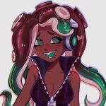  1girl black_hair breasts cleavage dark-skinned_female dark_skin green_eyes green_hair headphones highres large_breasts long_hair marina_(splatoon) mole mole_under_mouth multicolored_hair open_mouth ruinique simple_background sleeveless sleeveless_jacket smile solo splatoon_(series) splatoon_2 teeth tentacle_hair two-tone_hair upper_body white_background 