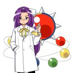  1girl asakura_rikako atom buttons closed_mouth coat cowboy_shot erlenmeyer_flask eyes_visible_through_hair flask glasses hair_ribbon hand_in_pocket holding holding_flask kaigen_1025 lab_coat long_hair long_sleeves looking_at_viewer neck_ribbon parted_bangs pince-nez purple_eyes purple_hair ribbon solo standing straight-on touhou touhou_(pc-98) white_background white_coat white_ribbon yellow_ribbon 